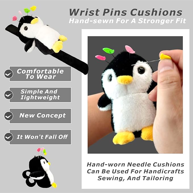 Lovely Penguin Wrist Pin Cushion Kit for Sewing with 50 Cute Bird Needles,Including Threader, Thimble ＆Tape Measure for Quilting DIY Projects.