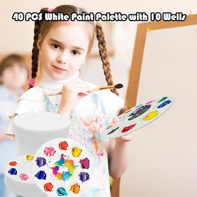 40 PCS Paint Tray Palettes,White Paint Trays for Kids,Round Plastic Paint Pallets with 10 Wells,Acrylic Paint Palette for Students DIY Craft,School Project,Painting Party