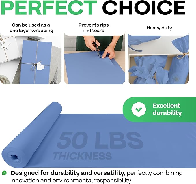 Blue Kraft Paper Roll 12" x 1200" (100 feet) with Cutter - USA-Made Wrapping Paper for Packing, Moving, Shipping & Crafts/Arts - 100% Recyclable Natural Craft Material by IDL Packaging