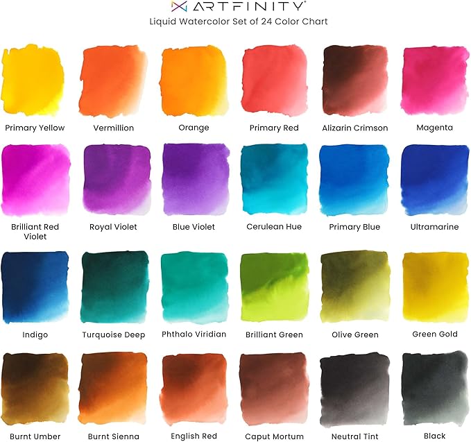 Liquid Watercolor Paint 30 ml Bottles, Set of 24 Colors - Vibrant Dye-Based Liquid Watercolor w/Glass Pipette, Fast-Drying, Fine Art Paint for Calligraphy, Airbrushing & Traditional Art