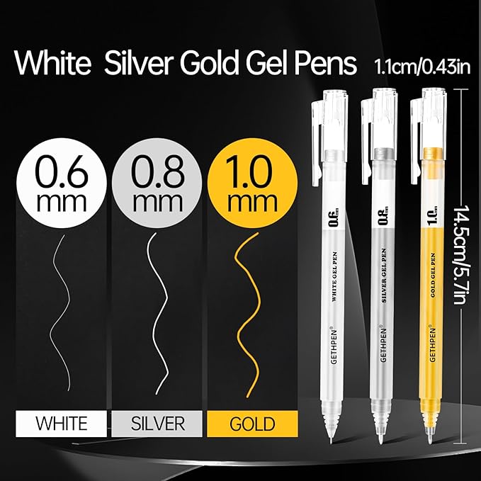 Gold Silver White Gel Pens - 0.6/0.8/1.0mm Extra Fine Point Opaque Archival Ink Pen Set for Black Paper Art, Holiday Gifts & Bullet Journaling - 9 Pack Gel Pens for Artists, Card Making Sketching