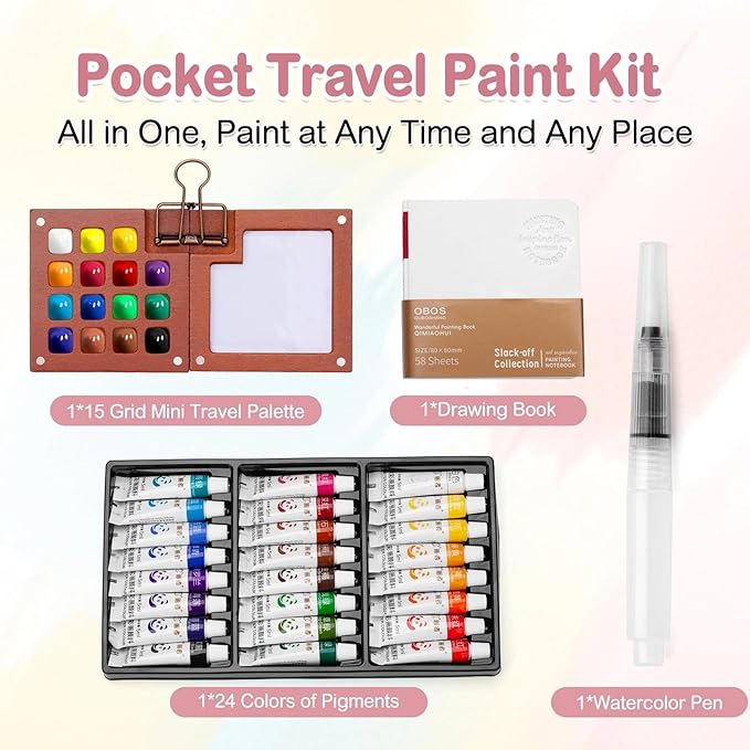 Mini Watercolor Paint Set, Tiny Mini Paint Palette Travel Kit, Portable Pocket Artist Water Color Travel Set with 24 Colours, Sketchbook, Watercolor Pen, 15 Grid Paint Box For Painters and Artists