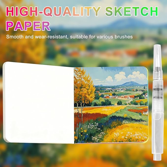 Mini Watercolor Travel Set - Professional Pocket Watercolor Palette with Vibrant Colors, Includes Wooden Palette, Sketchbook & Pen, Portable Art Supplies for Adult Artists & Travel Journaling