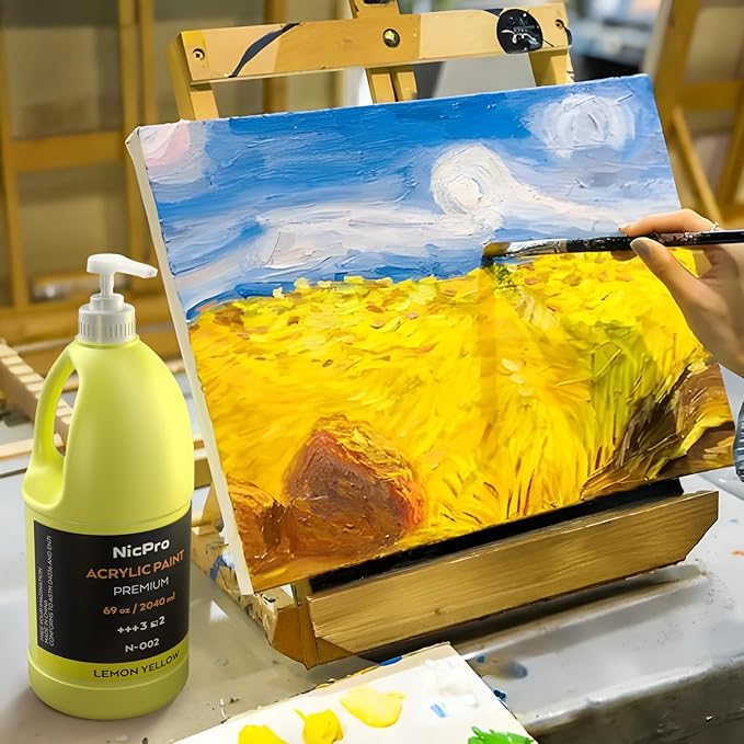 Nicpro Lemon Yellow Large Acrylic Paint Set (69 oz, 2040 ml) Rich Art Painting Supplies Non Toxic for Multi Surface, Canvas, Wood, Leather, Fabric Stone Craft, for Beginner & Artist with Pump