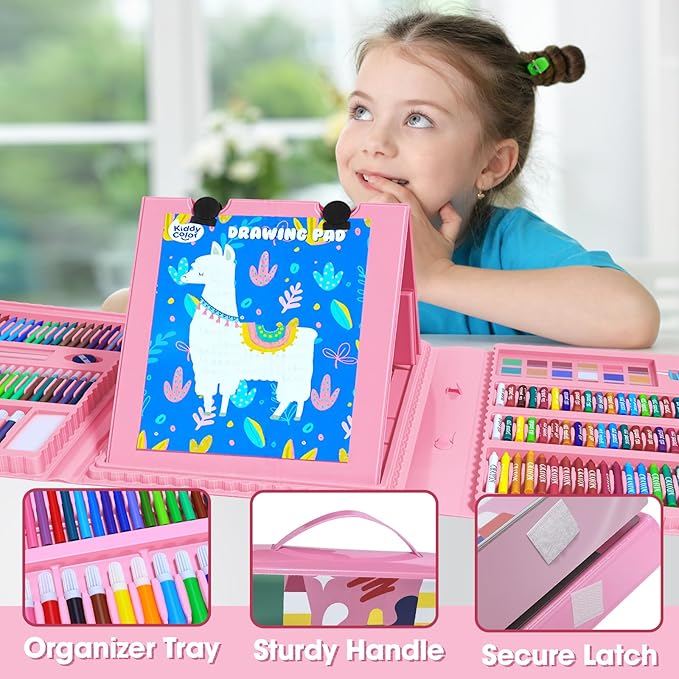 KIDDYCOLOR Kids Art Set, Drawing Art Supplies for Girls & Boys Ages 4-8 with Watercolor Cakes, Oil Pastels, Colored Pencils, Ideal Gift for Young Artist, Pink-217pcs