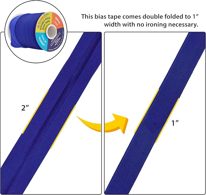 Mandala Crafts 55 Yards 1 Inch Blue Double Fold Bias Tape for Sewing - Bias Binding Tape for Quilting Binding, Hemming, Seam, and Fabric Piping