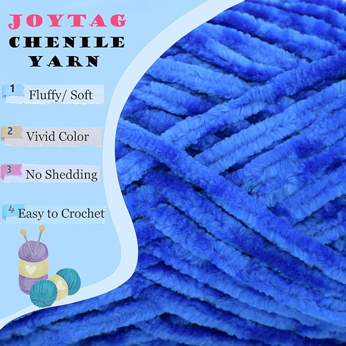 Velvet Chenille Yarn for Crocheting - Royal Blue Fluffy Plush Thick Bulky Chunky Soft Baby Blanket Yarn for Hand Knitting 100g