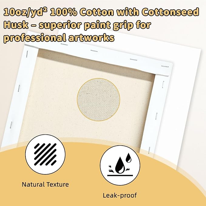 10-Pack 12x16” Stretched Canvas – 100% Cotton with Natural Cottonseed Husk, 5/8” Deep Frame, Triple Primed Acid-Free White Canvas, No Bleed-Through, Warp-Resistant– Ready for Acrylics, Oils, Gouache
