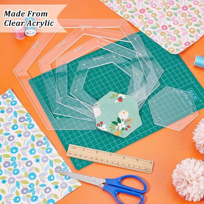 BENECREAT 5 Sizes Hexagon Quilting Template, Acrylic Intricate Sewing Machine Ruler with 0.14Inch Hole for DIY Hand Patchwork Craft