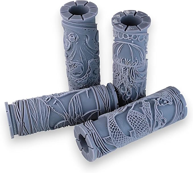 Deepwater Collection Clay Texture Rollers 4-Pack (4") - Ocean Set #01 - Embossing Pattern Rollers for Polymer & Ceramic Clay, Pottery & Crafts