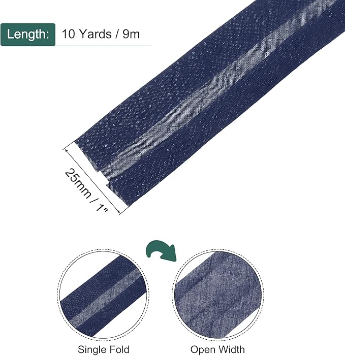 MECCANIXITY 1 Inch Single Fold Bias Tape Cotton Continuous Bulk Bias Tape for Sewing,Seaming Quilting Hemming Binding Crafts (Navy Blue 10 Yards)