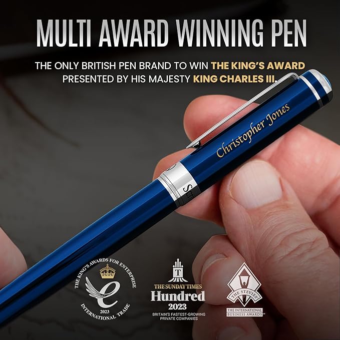 Scriveiner Personalized Midnight Blue Rollerball Pen - Stunning Blue Lacquer Luxury Pen, Chrome Finish, Schmidt Ink Refill, Best Engraved Roller Ball Gift Set for Men & Women, Custom Name Engraving
