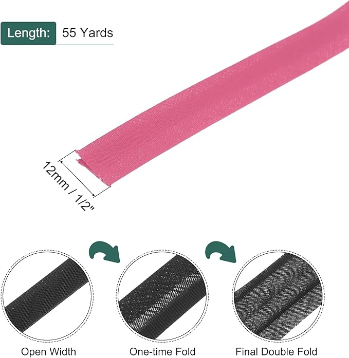 MECCANIXITY 1/2 Inch Double Fold Bias Tape Polyester Continuous Bulk Bias Tape for Sewing,Seaming Quilting Hemming Binding Crafts (Rose Red 55 Yards)
