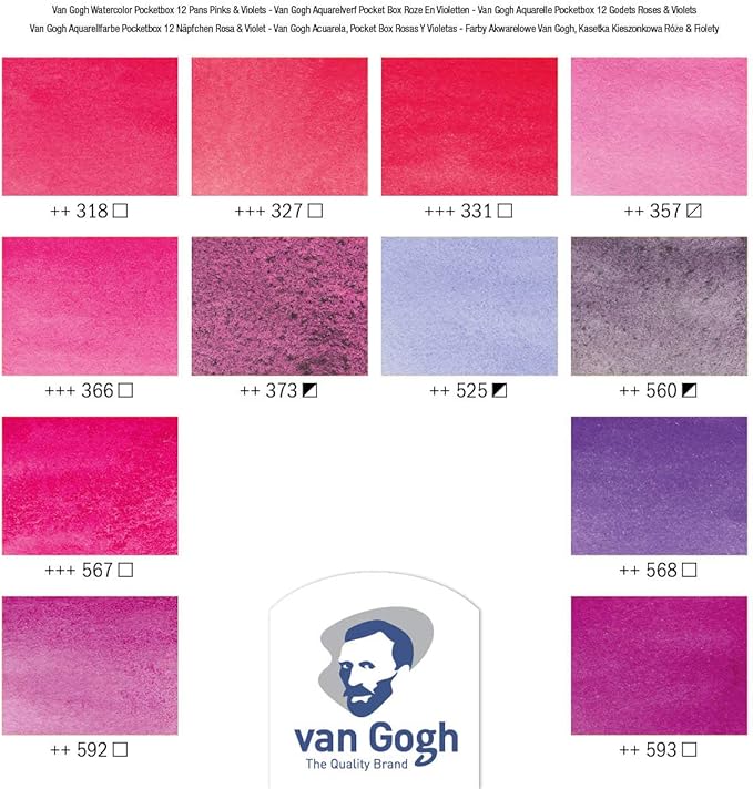 Van Gogh Watercolor Paint Set, Plastic Pocketbox, 12-Half Pan Pinks & Violets Selection