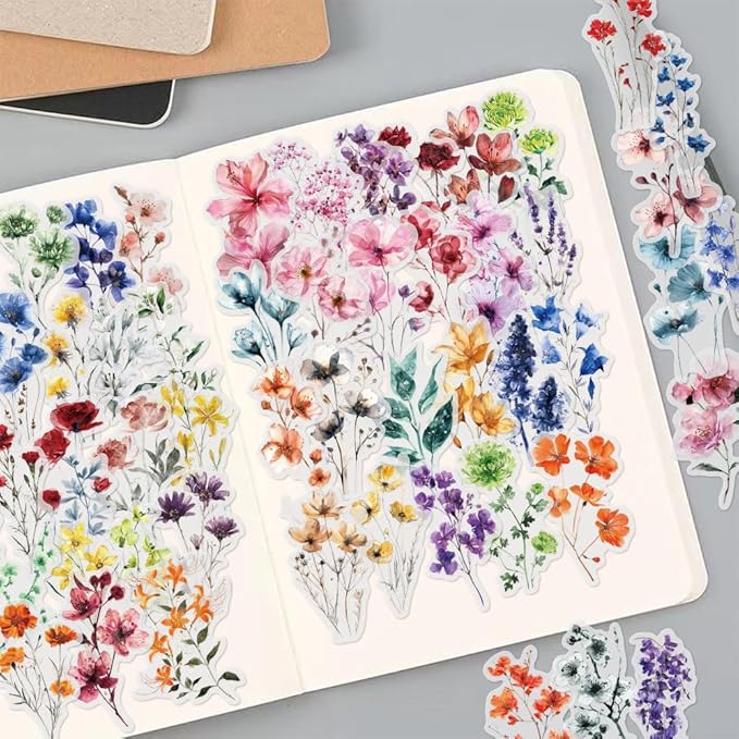 50-Pack Transparent Waterproof Watercolor Wildflower Flower Scrapbook Stickers – Vibrant Nature Floral Decals for Card, Journals, Resin Art Project