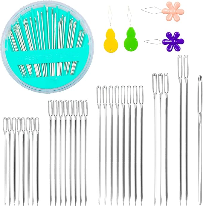 Hekisn 60-Pack Premium Hand Sewing Needles Set, 6 Sizes Embroidery Needles Kit with Threaders, Assorted Large Eye Sewing Needles for Repair, DIY, Art & Craft Projects(Green&Blue)