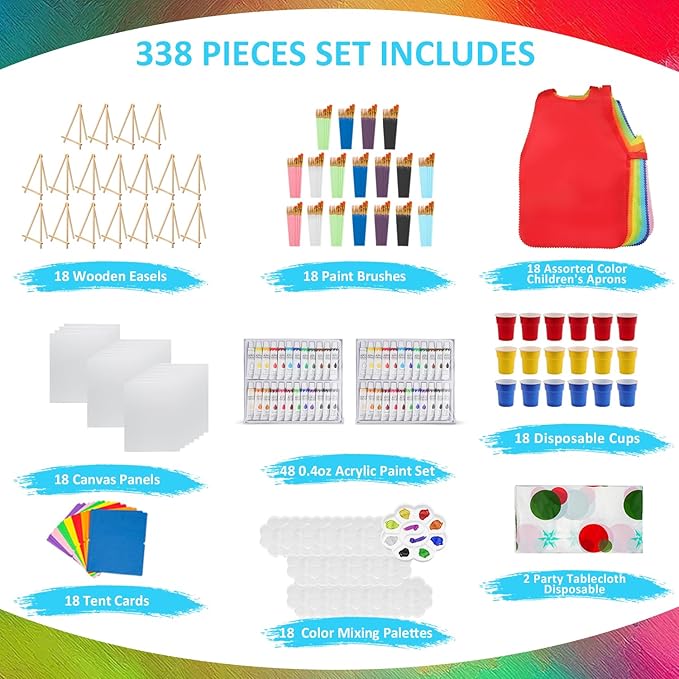 Rabbitale 338 Pcs Art Painting Kit Supplies Set for Party - 180 Paint Brushes, 48 Acrylic Paints, 18 Wood Easels & Canvas Panels & Palettes & Aprons & Wash Pen Cup, 2 Plastic Tablecloth