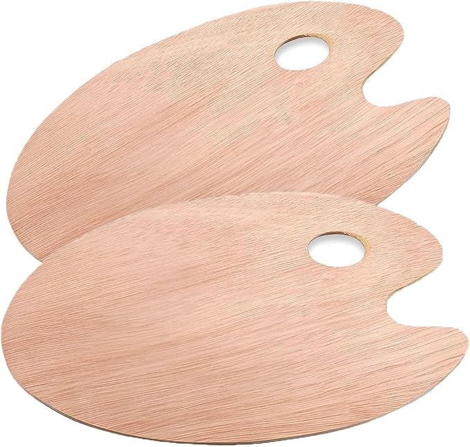 2 Pack Wooden Paint Palette - Wooden Oval-Shaped Artist Painting Palette with Thumb Hole - Wood Paint Color Mixing Tray - Easy Clean, Mix Acrylic, Oil, Watercolor