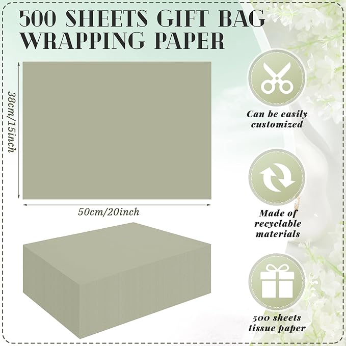 Qilery 500 Sheets Sage Green Tissue Paper Bulk 15 x 20 Inch Acid Free Wedding Flower Wrapping Packing Paper Sheets for Easter Crafts, Gift, Arts Flower, Baby Shower Birthday Party Favor Decoration