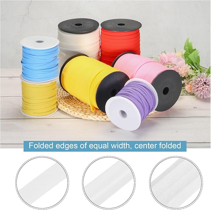 MECCANIXITY 1/4 Inch Double Fold Bias Tape Polyester Continuous Bulk Bias Tape for Sewing,Seaming Quilting Hemming Binding Crafts (White 55 Yards)