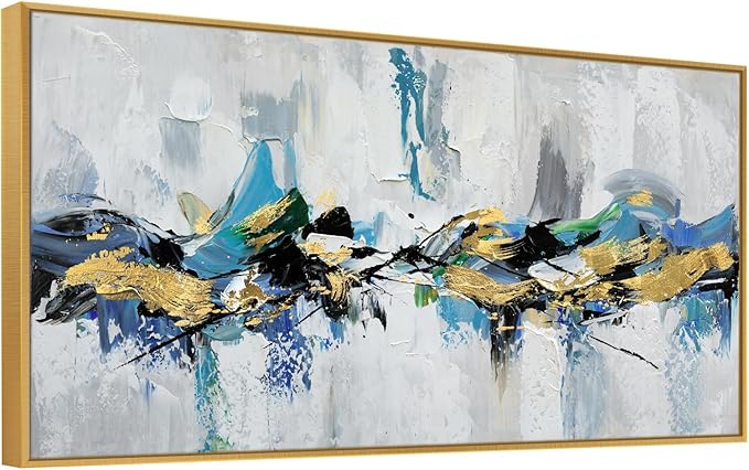 Large 100% Hand Painted Oil Painting 3D Texture Framed Canvas Wall Art White Black Blue Green Home Decor Abstract Gold Leaf Wall Painting for Living Room Bedroom Office 48x24in