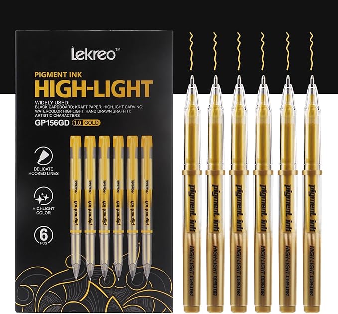 Gold Silver White Ink Gel Pens, 1mm Medium Fine Point, Opaque archival Ink Pen for Dark Paper Drawing,Sketching, Illustration, Card Making, Bullet Journaling (Gold Ink - 6 Packs)