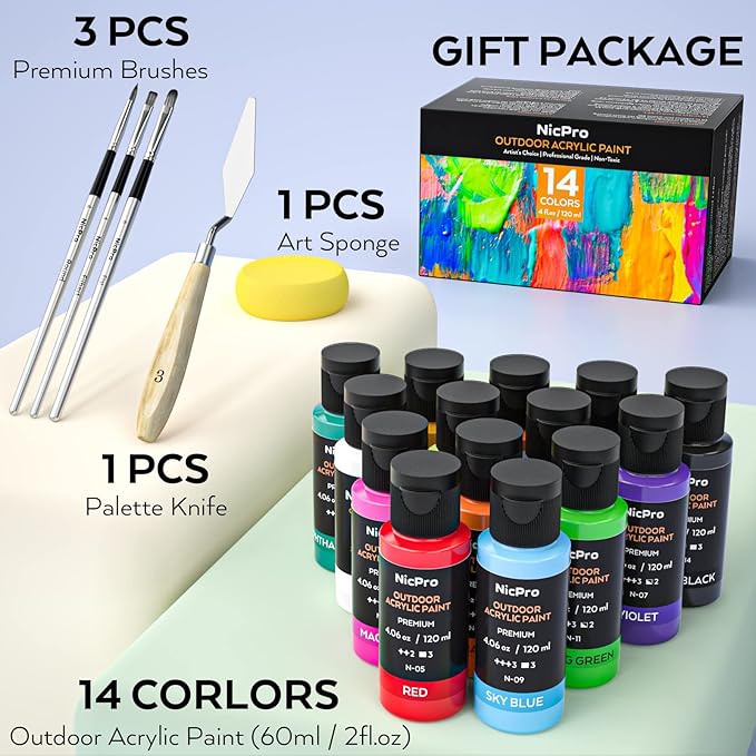 Nicpro 14 Colors Outdoor Acrylic Paint Bulk (4.06 oz,120ml) with Brush and Sponge, Knife, Non-Toxic Gloss Paint for Multi-surface Rock, Wood, Fabric, Leather, Crafts, Canvas, Shoes and Wall Painting
