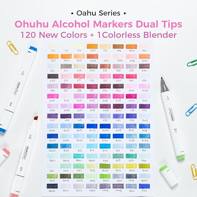 Ohuhu Alcohol Markers, 120-color Marker Set for Artists, Oahu Series, Double Tipped Alcohol Based Art Markers for Adults Coloring Sketching Illustration, Marker Case, Fine & Chisel