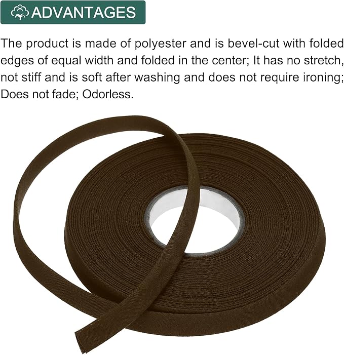 MECCANIXITY 2/5 Inch Double Fold Bias Tape Polyester Continuous Bulk Bias Tape for Sewing,Seaming Quilting Hemming Binding Crafts (Dark Brown 10 Yards)
