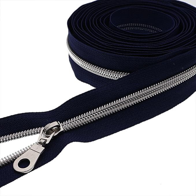 #5 Silver Metallic Nylon Coil Zippers by Yard Bulk Coil Zipper Roll 10 Yards with 25pcs Silver Pull for DIY Sewing Craft Bag(Navy Blue) YIGUANXIN