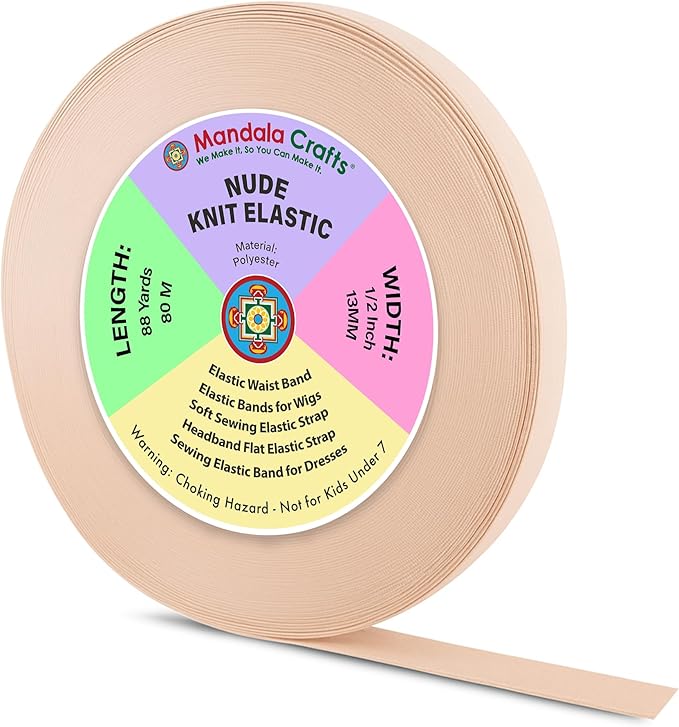 Mandala Crafts Wide 1/2 Inch Nude Elastic Bands Spool for Pants Waistbands Sewing and DIY Crafts, 88 YD Stretchy Flat Fabric Strap Knit Elastic Band for Wig