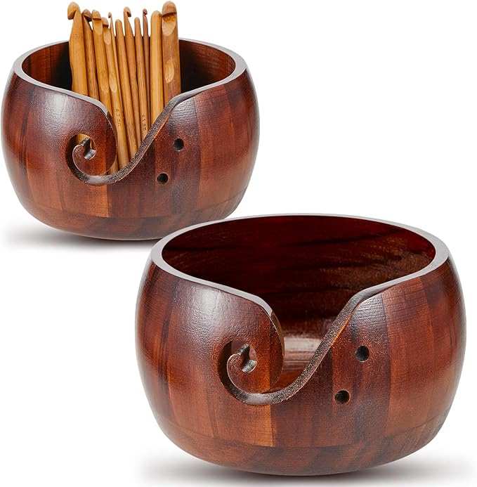 2 Sets Wooden Yarn Bowl Crochet Bowl Bamboo Handmade Knitting Wool Storage Round Rosewood Yarn Bowl with Holes 12 Pieces Crochet Hooks for Knitting Crocheting DIY Arts Crafts Tools Supplies