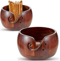 2 Sets Wooden Yarn Bowl Crochet Bowl Bamboo Handmade Knitting Wool Storage Round Rosewood Yarn Bowl with Holes 12 Pieces Crochet Hooks for Knitting Crocheting DIY Arts Crafts Tools Supplies