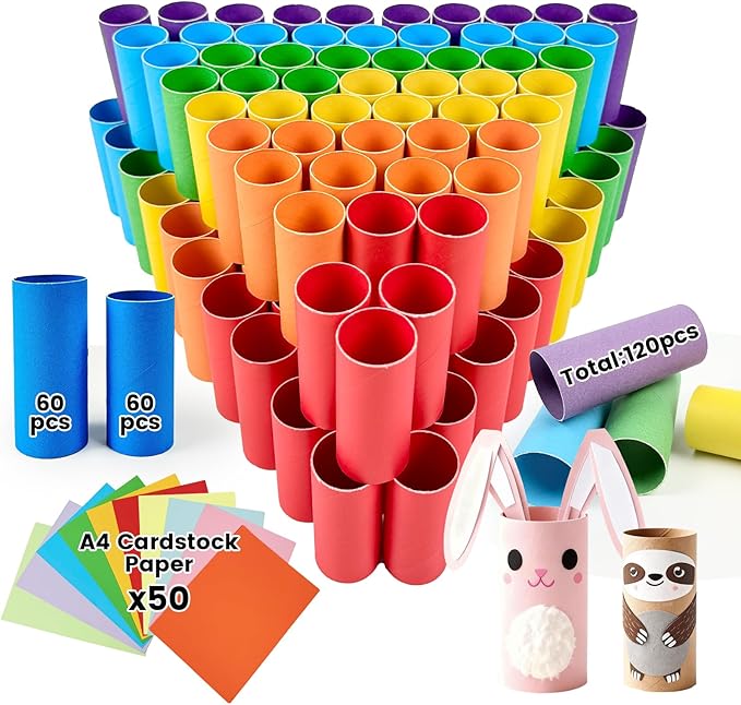 Seeyauro 120-Pack Kraft Cardboard Tubes for Crafts-1.57x3.74 Inches&1.5x3.4 Inches-Resistant Toilet Paper Rolls for DIY, School Supplies & Art Projects-Include 50 Sheets A4 Colorful Paper-Multicolor