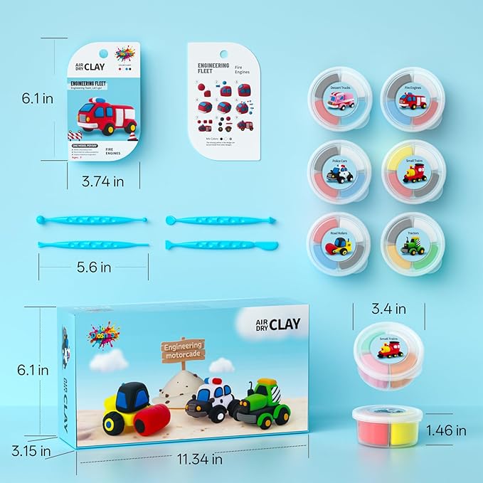 Air Dry Clay for Kids - 6 Vehicle Themed Modeling Clay Kit, Model Magic Clay with Sculpting Tools and Tutorials, Ultra Light & Soft, Non-Toxic & Safe, DIY Arts and Crafts School Projects for Kids