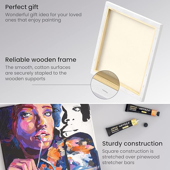 ARTEZA Premium Stretched Canvas, 12 x 12 Inches, Pack of 8, Blank White Square Canvas Boards for Acrylic, Oil and Gouache Painting