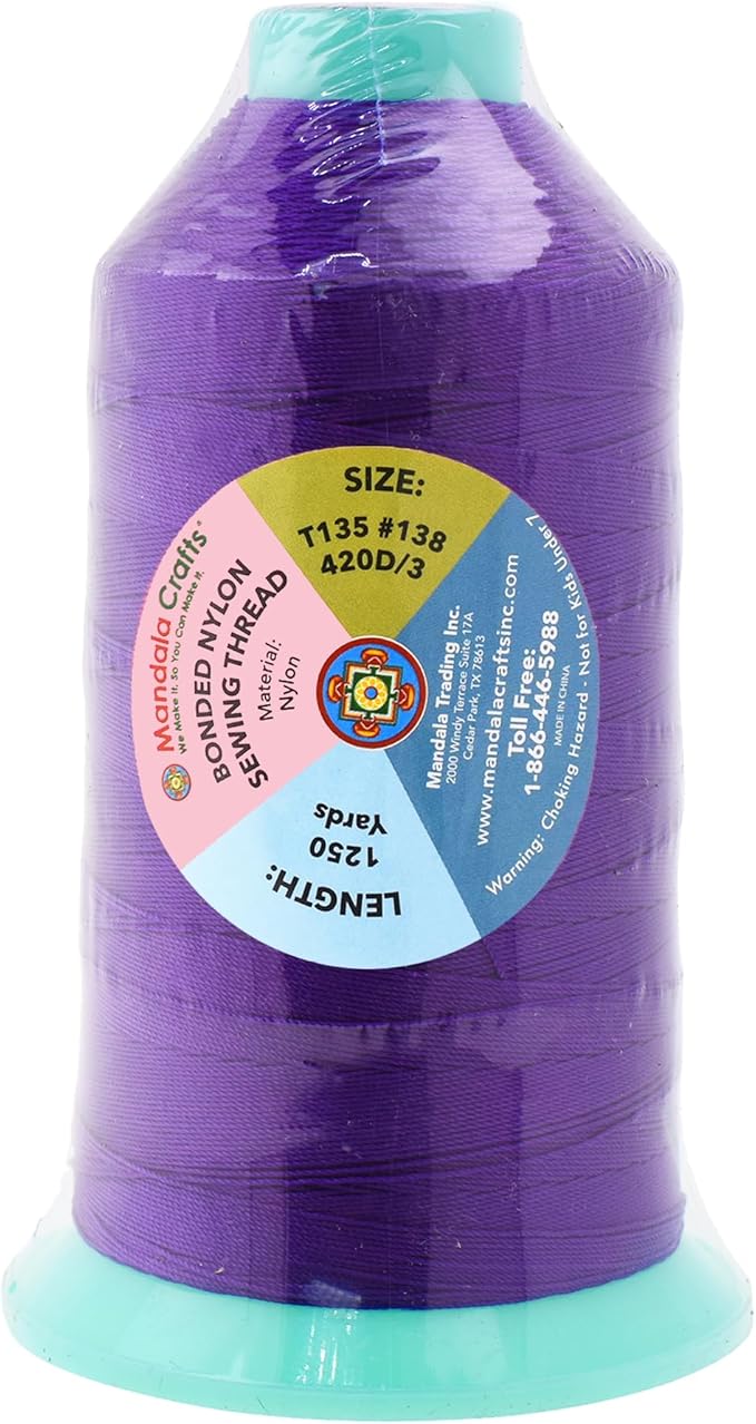 Mandala Crafts Size 138 420D T135 Bonded Nylon Thread - True Purple 1250 YDs Tex 135 Heavy Duty Sewing Threads for Leather, Jeans, Weaving, Outdoor Marine Upholstery