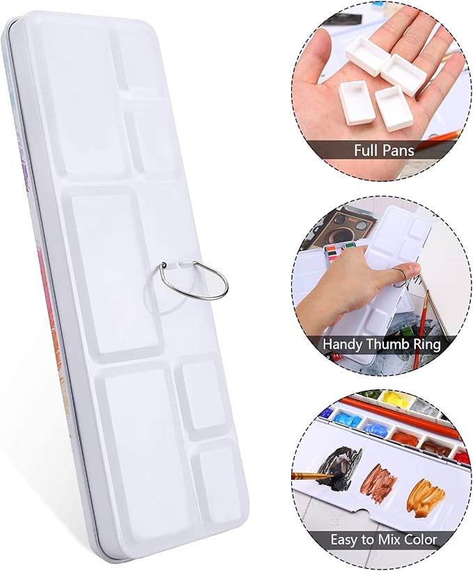 LOONENG Empty Watercolor Palette, Empty Watercolor Tin with Fold Out Palette, Medium Colorful Watercolor Tray Palette with 14 Empty Full Pans for Plein Air Painting and Sketching