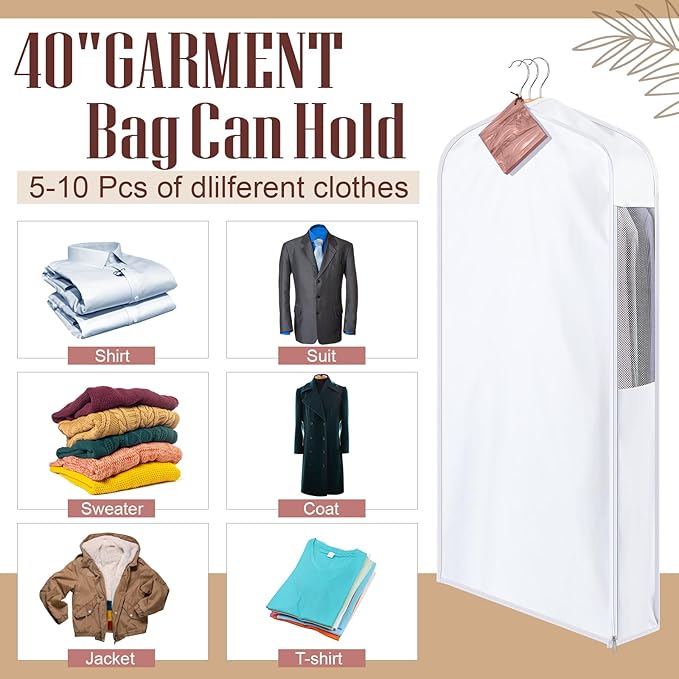 40" Short Cotton Garment Bag for Hanging and Storage Clothes with 4 Cedar Blocks for Fresh Smell, Breathable Hanging Bags for Closet Storage Fur Coat Suit Sweater Jackets, 6'' Wide, White