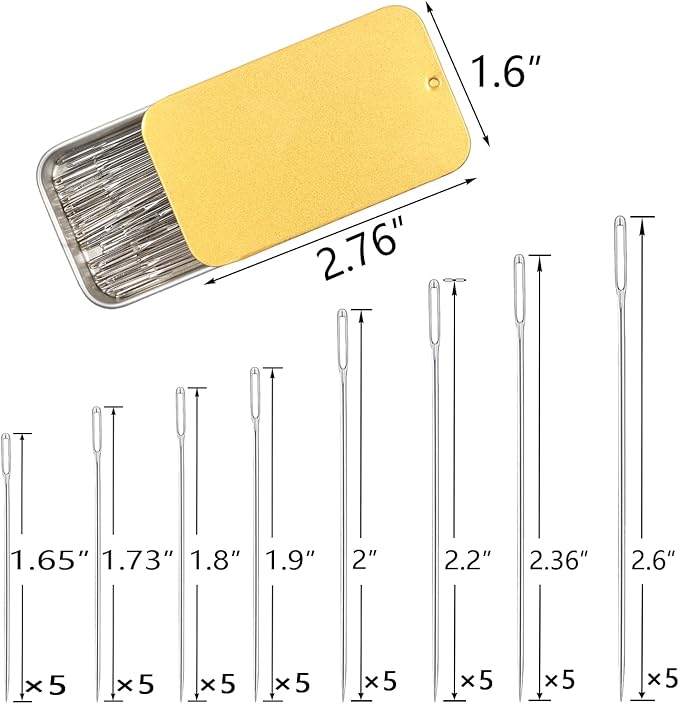 40PCS Large Eye Sewing Needles - 8 Sizes Hand Sewing Sharp, Embroidery, Leather, Stainless Steel Yarn With Threaders & Stitch Markers (Golden)
