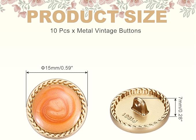 MECCANIXITY Metal Vintage Gold Button 15mm Round Metal Sewing Button Alloy Shank Replacement for Women's Suit Woolen Coat Shirt Dress Sewing Orange Pack of 10