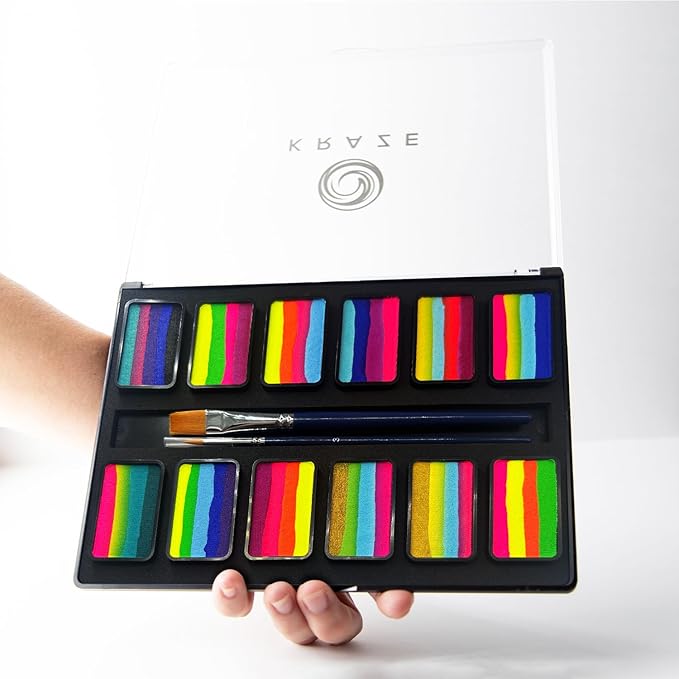 Kraze FX Graffiti Split Cake Palette - 12 x 10 gm by Tamina Muhammed Professional 1-Stroke Split Cake Hypoallergenic Non-Toxic Water Activated Face and Body Painting for Kids Safe Adults