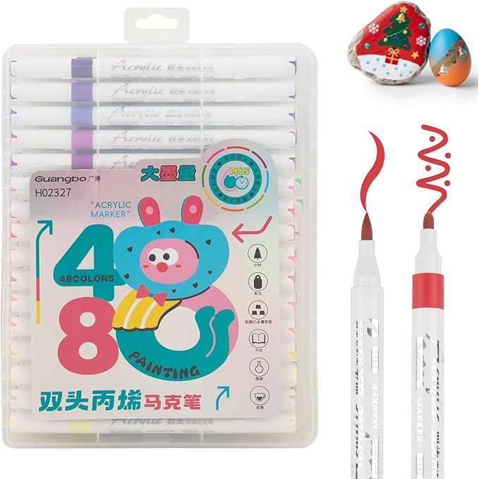 48 Colors Acrylic Paint Markers, Dual Tip Round and Brush Tips for Detailed Art, Crafting, Rock Painting, Wood, Glass, Ceramic