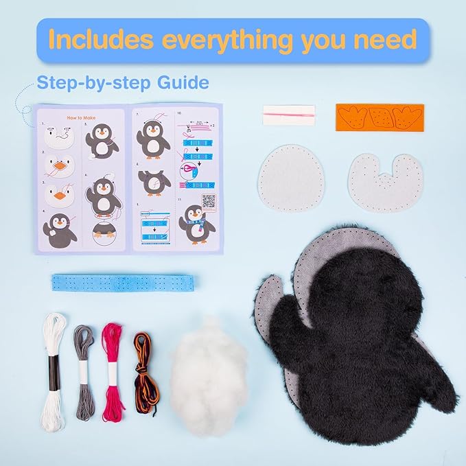 Avenir My First Sewing Kit for Beginner Ages 6+ I Premium Plush Big DIY Animals I Child-Safe Tools for Easy Crafting Fun I Motor Skills Wiggle Stuff Stitching Creativity I Skill Gift for Boys & Girls