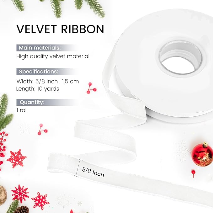 White Velvet Ribbon, 5/8 inch 10 Yards Vintage Velvet Ribbons Perfect for Christmas Tree Ornaments, Gift Wrapping, Wedding Decoration, Bows, Sewing, Crafts, Wreath and More