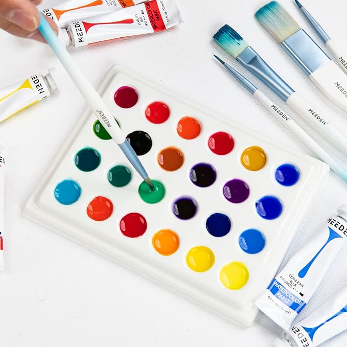 MEEDEN 24-Well Ceramic Watercolor Paint Palette with Cover, Porcelain Mixing Artist Palette 6 by 4-1/2 inch for Artist Watercolor Gouache Painting Coloring
