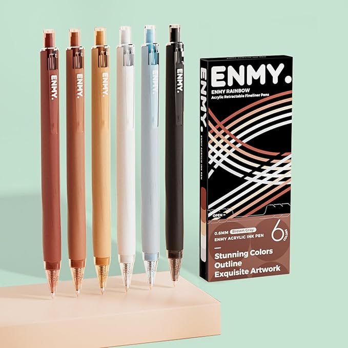 ENMY Acrylic Fineliner Pen, 6Pcs Aesthetic Colors 0.6mm Fine Point Retractable Markers, Colorful Drawing Pen for Journaling, Outlining, Sketch, Note-Taking, Smooth Art Pens for Adults & Kids