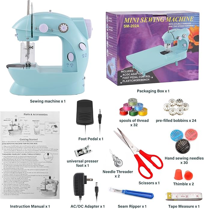 Sewing Machine for Beginners with Expansion Table and Foot Pedal and 42Pcs Sewing kit Finger Guard & Light Mini Small Portable Sewing Machines 2-Thread 2-Speed 2-Switches for Kids Ages 8-12