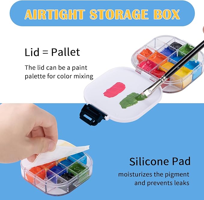 Falling in Art Paint Palette, Airtight 16 Wells Storage Palette Box with Lid and Folding Paint Brush Basin for Watercolor, Gouache and Acrylic Painting (Blue)