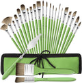 Paint Brushes Set of 25 Pieces Wooden Handles Brushes，Professional Artist Series with Filbert, Fan, Dagger, Cat Tongue, Round, Angle, Wide Flat Canvas Roll Bag & Palette Knife